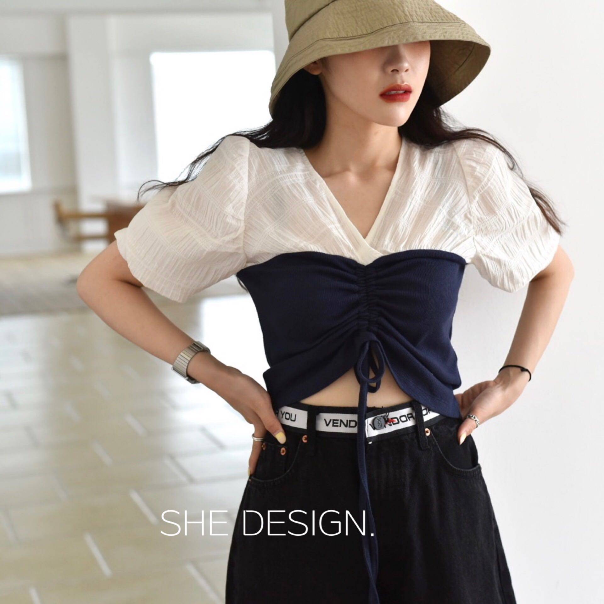 s&she/2020夏季新款复古气质撞色V领小性感短款抽绳上衣拼针织女