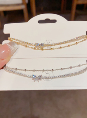 锆石蝴蝶结双层吊坠手链韩系精致