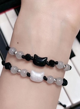 精致小众编织黑白猫珠串手绳情侣本命年手绳简约百搭学生礼物纪念