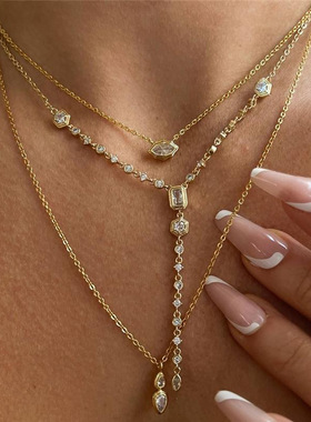 真金电镀锆石几何流苏项链欧美小