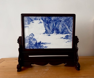 见欢集宋画青花文人山水画屏风摆件高端礼品茶器瓷板画 空间陈设