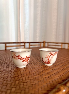 见欢集 矾红小写意花鸟诗文包银口小品杯 菊花兰花主人杯景德镇