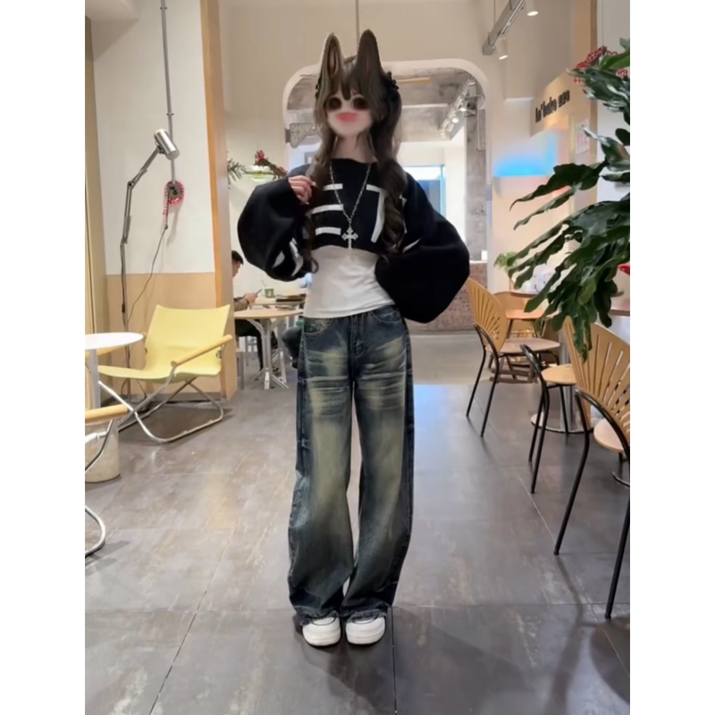 高个子加长美式复古弯刀牛仔裤女夏季新款低腰设计感宽松直筒长裤图片