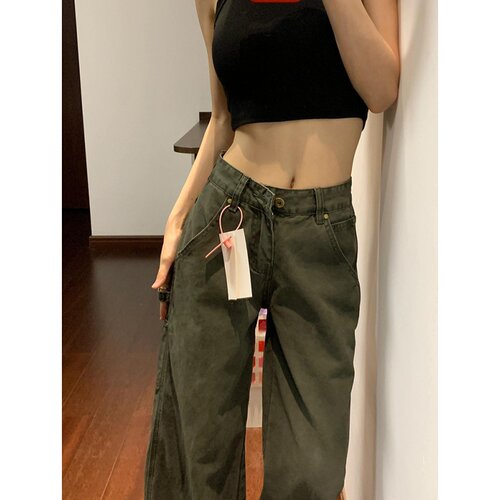 美式复古军绿色工装牛仔裤女夏季高腰显瘦设计感直筒阔腿拖地裤子