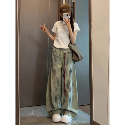 美式复古脏染弯刀裤牛仔裤女春季设计感高腰宽松工装阔腿镰刀裤子