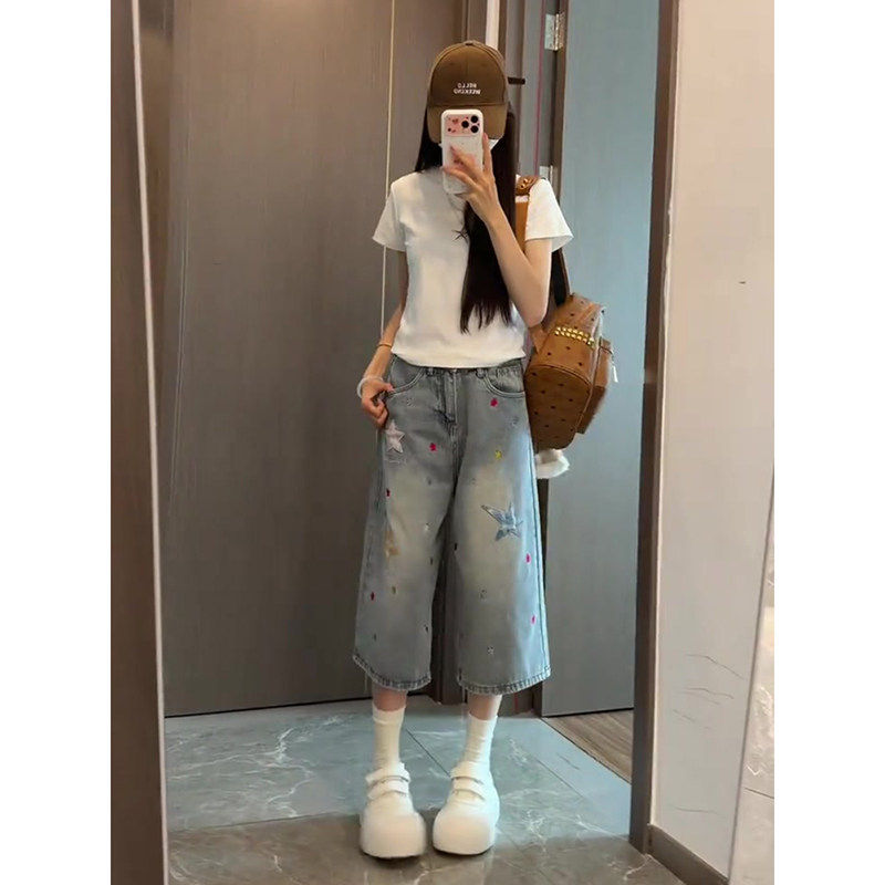 美式复古星星贴布七分牛仔裤女2026夏季薄款宽松显瘦百搭直筒短裤