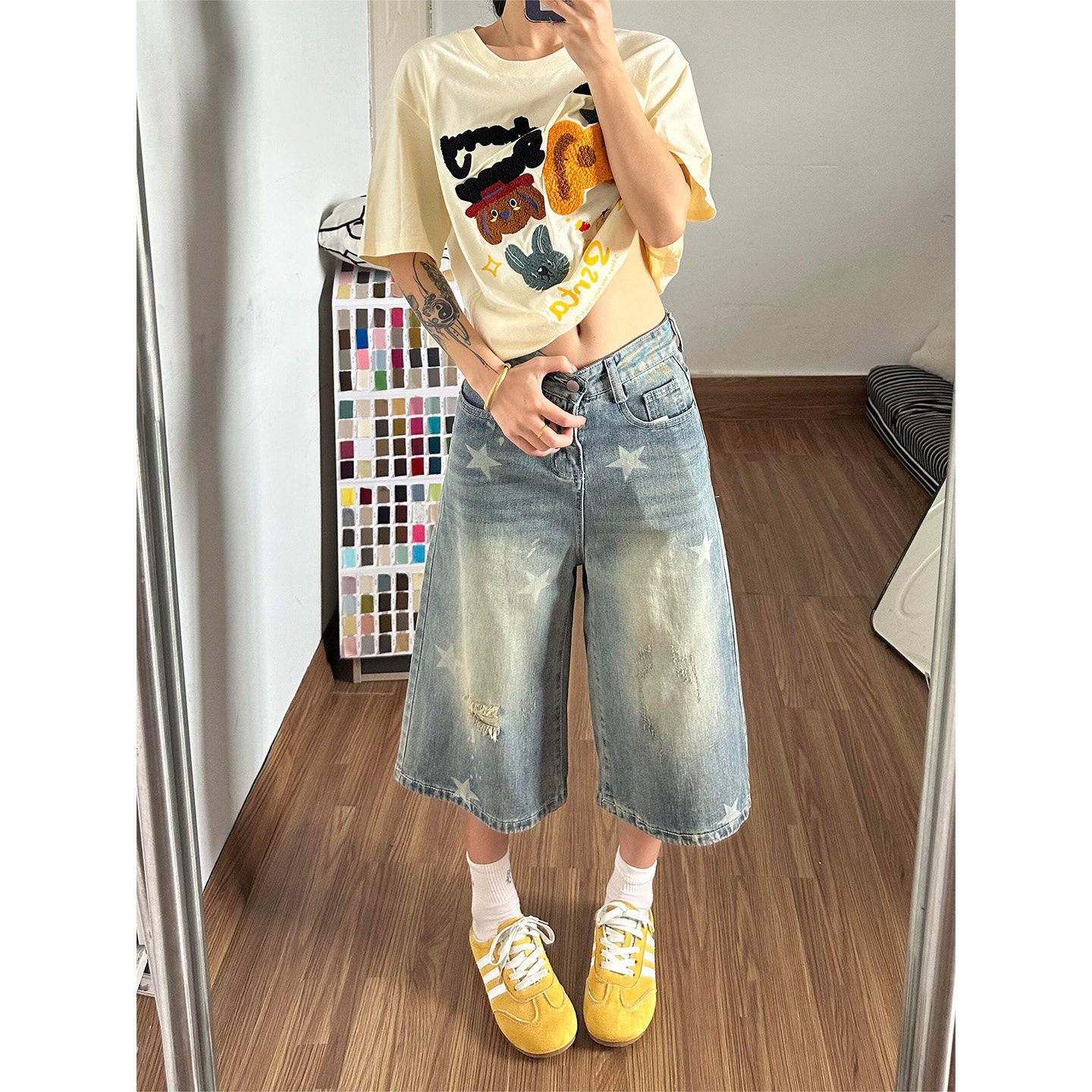 复古星星印花牛仔短裤女夏季薄款宽松阔腿小个子五七分裤直筒中裤