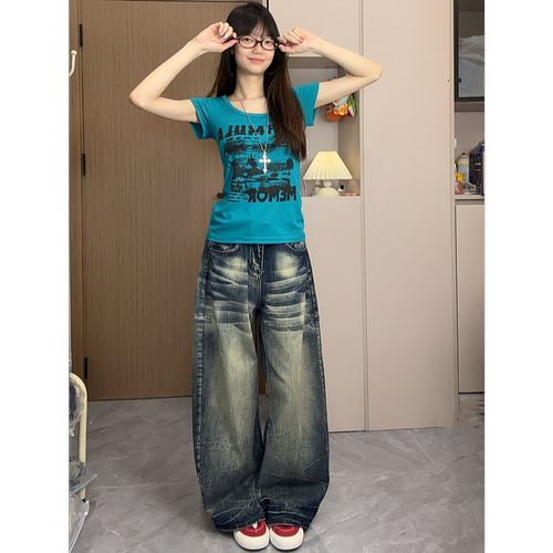 高个子加长美式复古竹节纹弯刀牛仔裤女低腰宽松显瘦阔腿拖地裤子