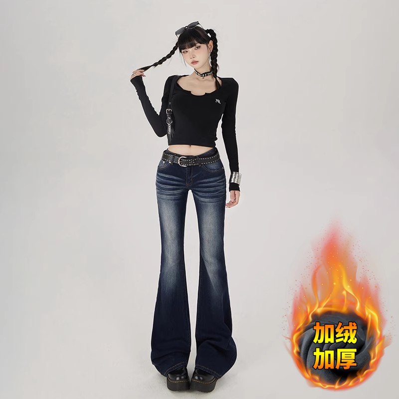 美式加绒微喇牛仔裤女2025秋冬新款辣妹低腰显瘦百搭弹力喇叭裤子