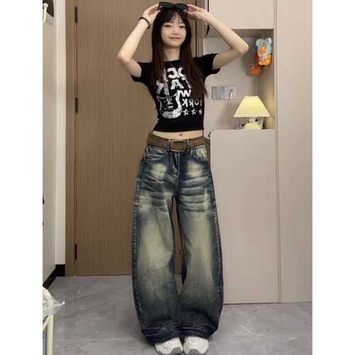 美式复古设计感竹节水洗弯刀牛仔裤女春季2026慵懒感显瘦阔腿长裤