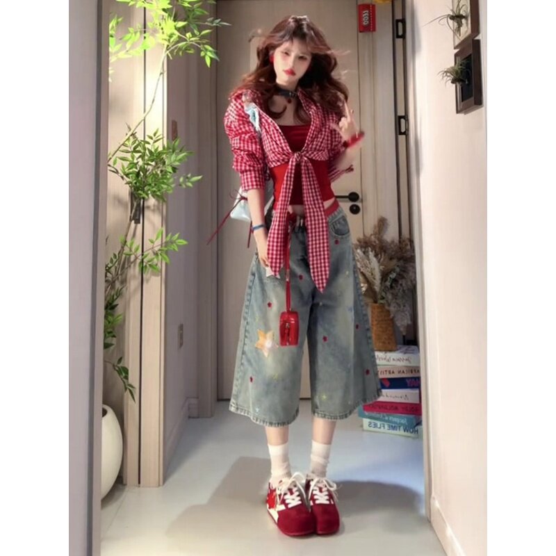 美式复古刺绣星星贴布七分牛仔裤女夏季2026新款宽松直筒六分短裤