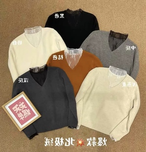 上衣 打底外穿气质V领北极绒保暖毛衣拼蕾丝长袖 2025冬新款 女韩版