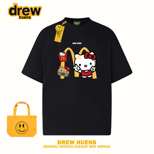 Drew笑脸卡通凯蒂猫印花短袖t恤男女宽松夏季半袖纯棉情侣上衣tee