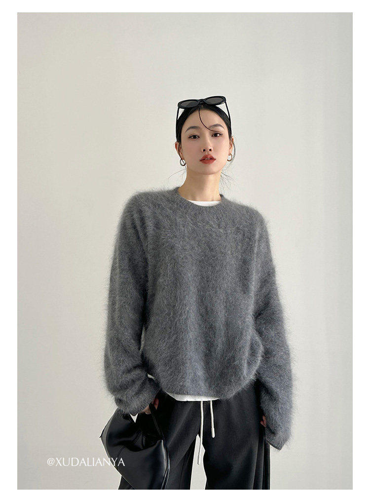 thumbnail for Lazy style raccoon fleece loose casual crewneck inner layer, pull-over wool sweater, knit sweater for women, autumn and winter