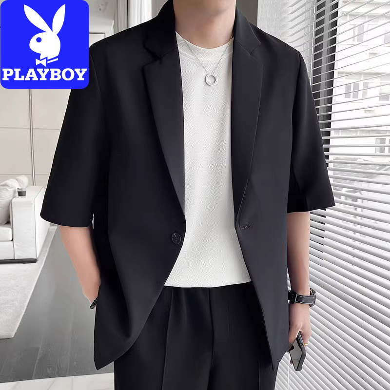 花花公子西服男2023秋季商务七分袖小西装男士黑色宽松休闲外套潮