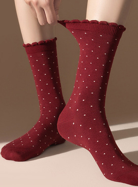 本命年礼盒红色纯棉红袜子女士新年袜礼物波点全棉中筒鸿运袜