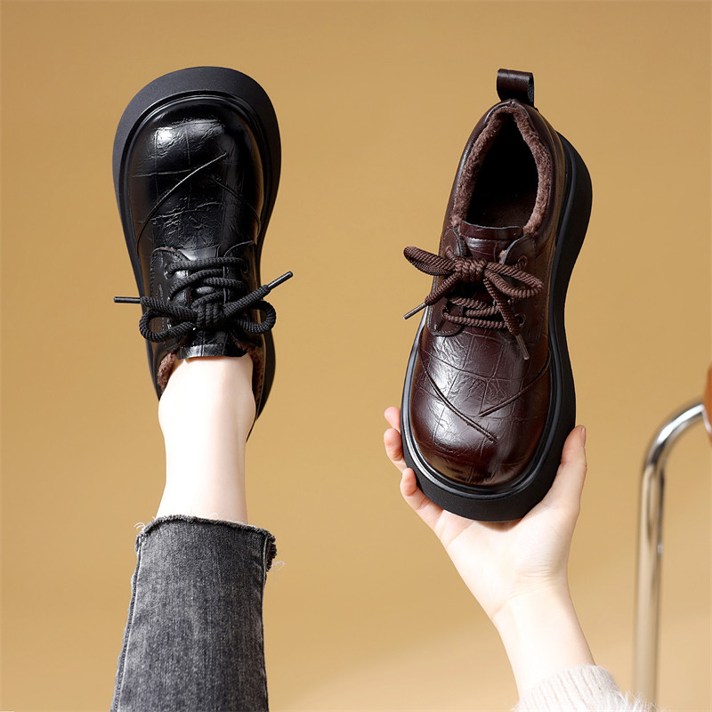 厚底小皮鞋女2026年秋冬新款保暖系带短靴加绒复古增高圆头乐福鞋,女鞋,乐福鞋（豆豆鞋）,淘宝优惠券,粉丝福利购,淘宝优惠卷