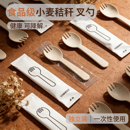 可降解小麦秸秆一次性纸袋款叉勺水果蛋糕冰淇淋叉子创意甜品勺