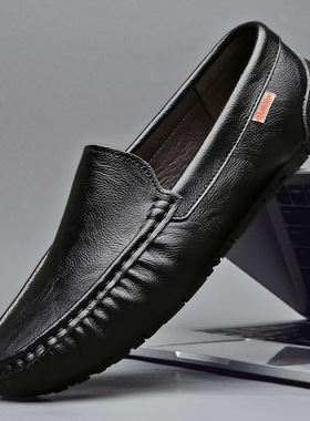 2026年春秋豆豆鞋男真皮软底懒人英伦风社会潮流黑色百搭开车男