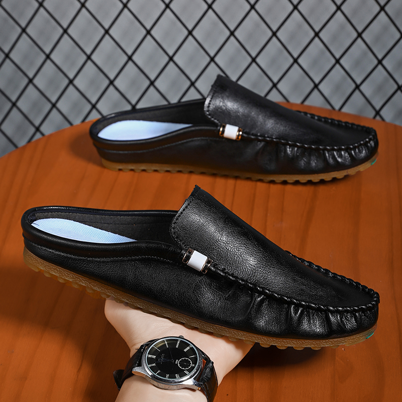 豆豆鞋夏季一脚蹬无后跟半拖皮鞋