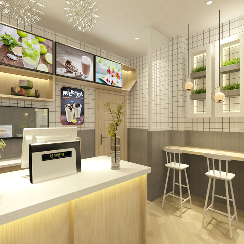 奶茶店装修设计效果图网红实体店3dmax图纸cad平面图施工图纯设计