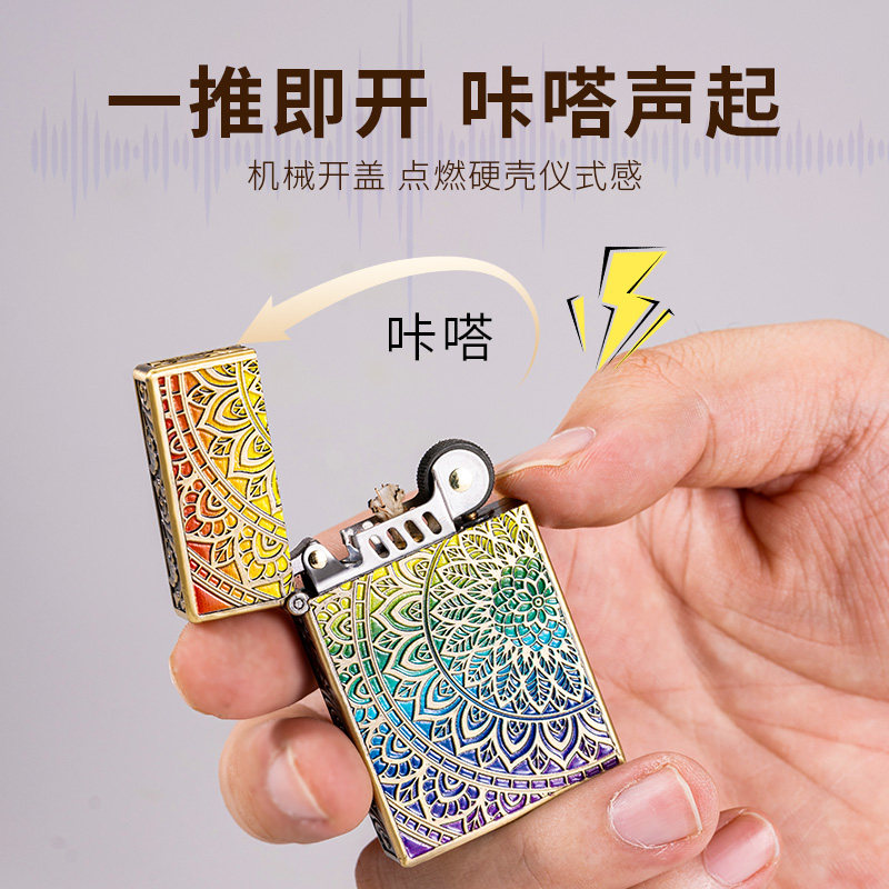佐罗煤油打火机浮雕复古夜光 砂轮防风火机礼品 薄款夜光七彩曼陀 - 实物图