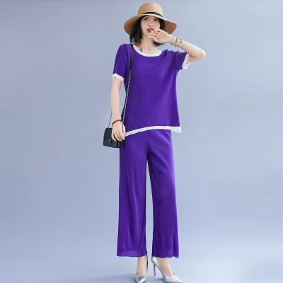 压褶清仓夏季套装女高级感通勤休闲运动圆领拼色上衣阔腿裤两件套