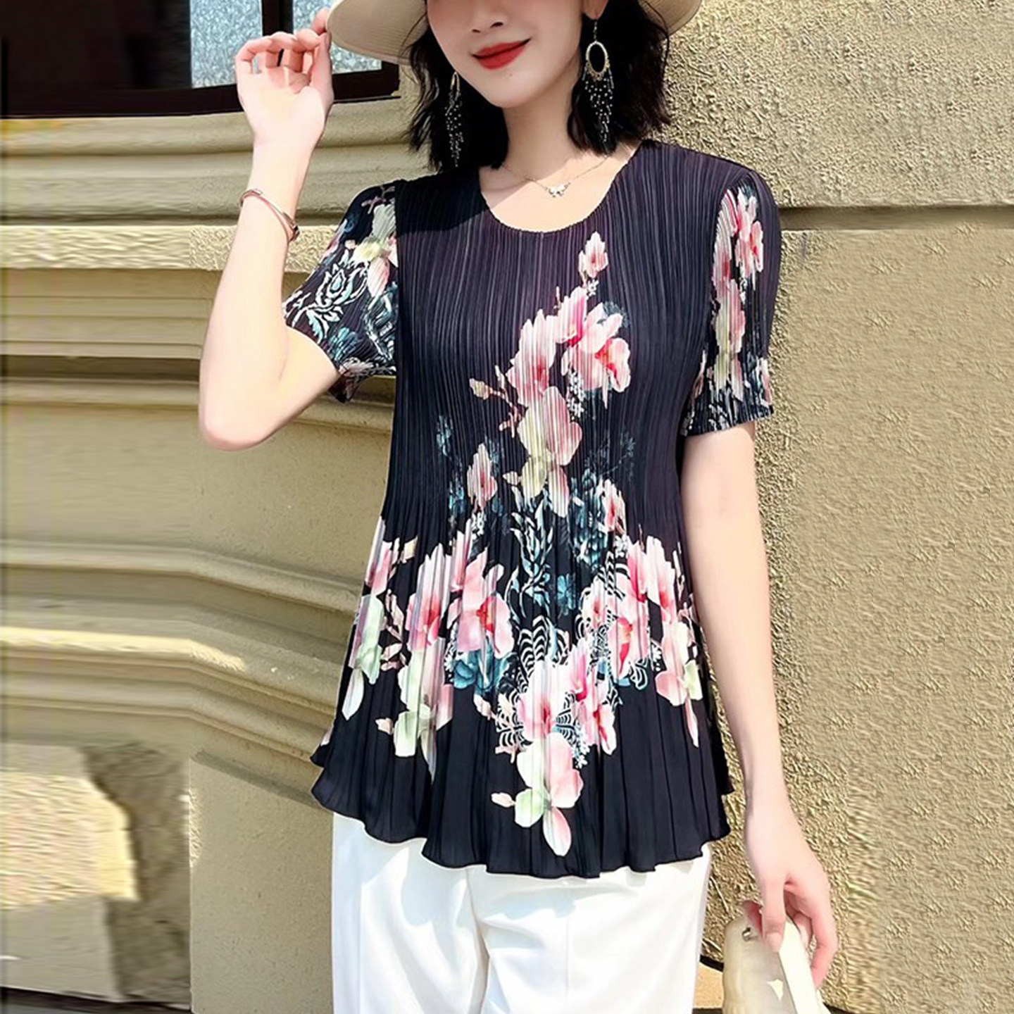 褶皱短袖法式上衣女士高级感高端2026夏季新款慵懒风遮肚T恤薄款