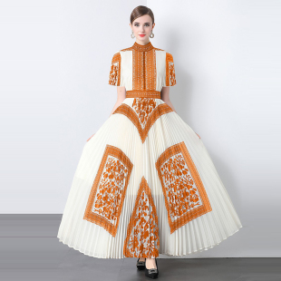 欧美时尚 复古立领短袖 新款 连衣裙2025夏季 晚礼服 印花褶皱大摆长款