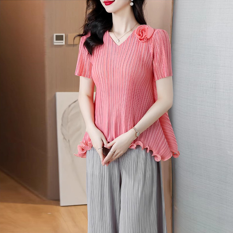 褶皱上衣女纯色短袖t恤衫百搭压皱木耳边V领微胖轻奢高级感上衣夏
