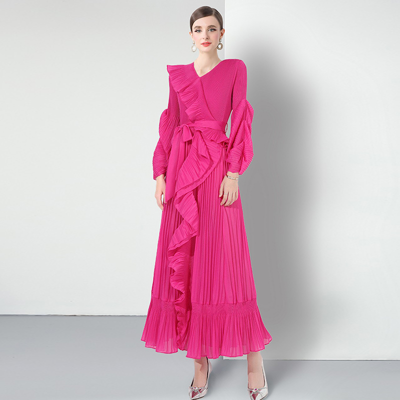 高级感v领荷叶边系带连衣裙礼服