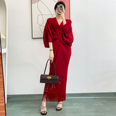 V领显瘦鱼尾流苏长裙 气质宽松蝙蝠袖 褶皱大码 胖mm连衣裙2026春季