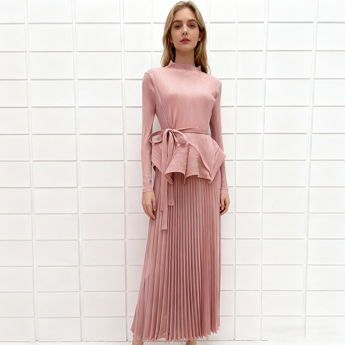 轻奢高级感大码褶皱设计套装女春秋季新款上衣+百褶半身裙两件套