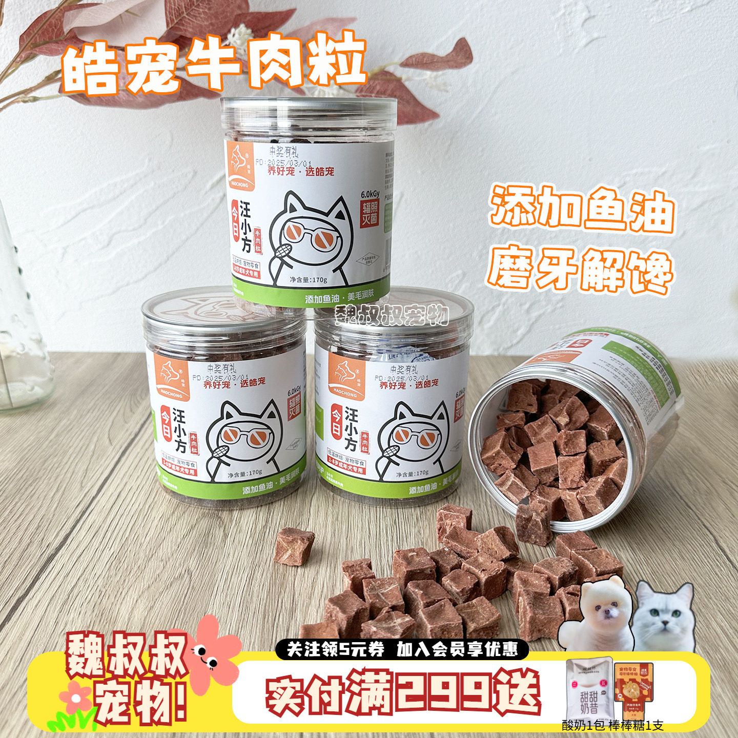 皓宠牛肉粒汪小方低温烘焙犬用狗零食磨牙洁齿170g奖励训练牛肉干