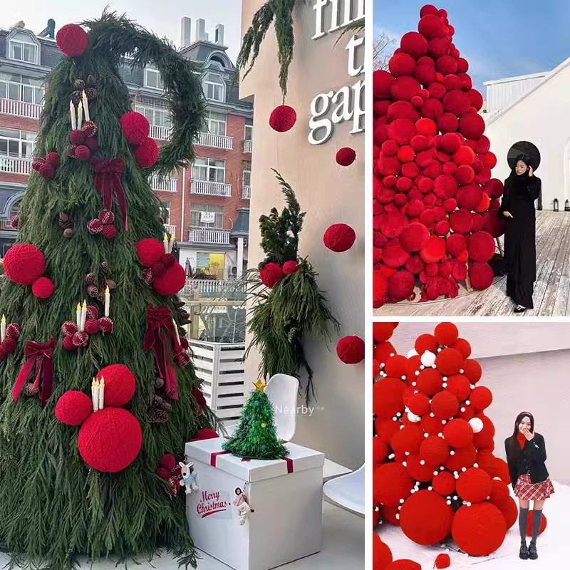 圣诞红色毛线球室外门店场景布置圣诞树拍照打卡装扮元旦新年橱窗