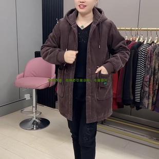 大码条绒棉服2024冬季新款韩版时尚加厚保暖连帽中长款显瘦外套女