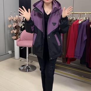 时尚 大码 韩版 夹棉外套2024秋冬新款 拼接设计显瘦保暖冲锋衣女 女装