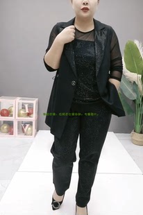 大码女装2022秋季新款宽松显瘦西服领烫钻抽绳中长款马甲三件套潮
