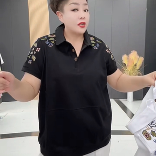 女装 新款 大码 2025夏季 翻领重工刺绣高品质洋气显瘦T恤女 韩版 时尚