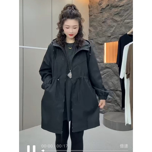 大码女装2026春季新款韩版时尚休闲宽松连帽中长款收腰显瘦风衣潮