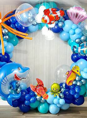 蓝色海洋动物气球套装男孩宝宝生日派对装饰场景布置儿童周岁气球