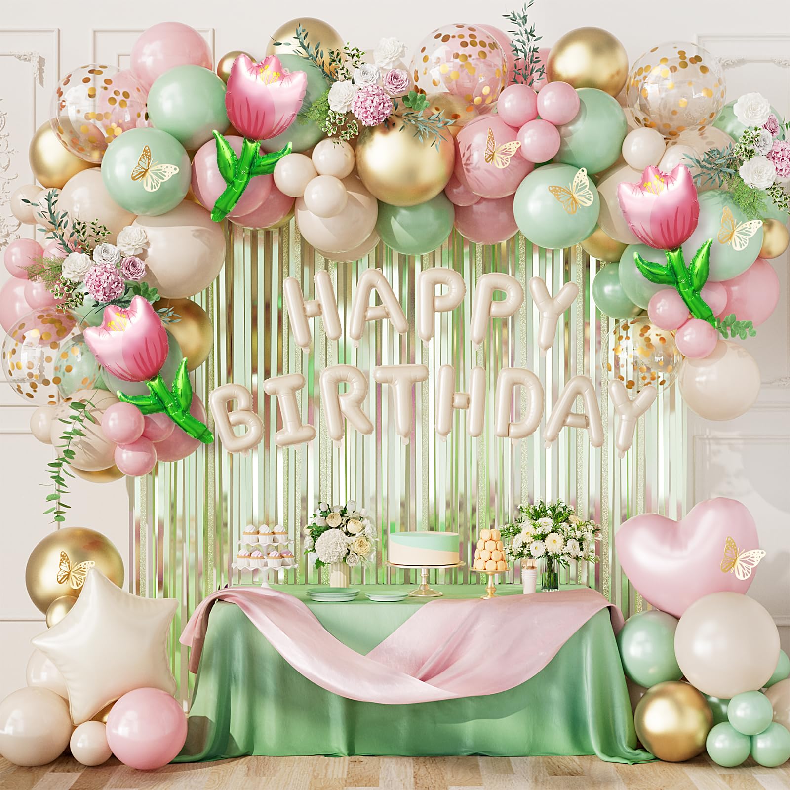 绿色郁金香女孩生日铝膜气球链