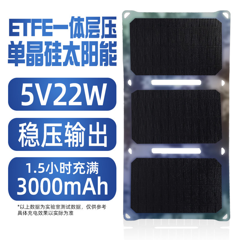太阳能充电宝折叠22W轻薄便携USB输出小风扇手机5V笔记本汽车12V电瓶充电帐篷露营户外旅游应急移动储能电源