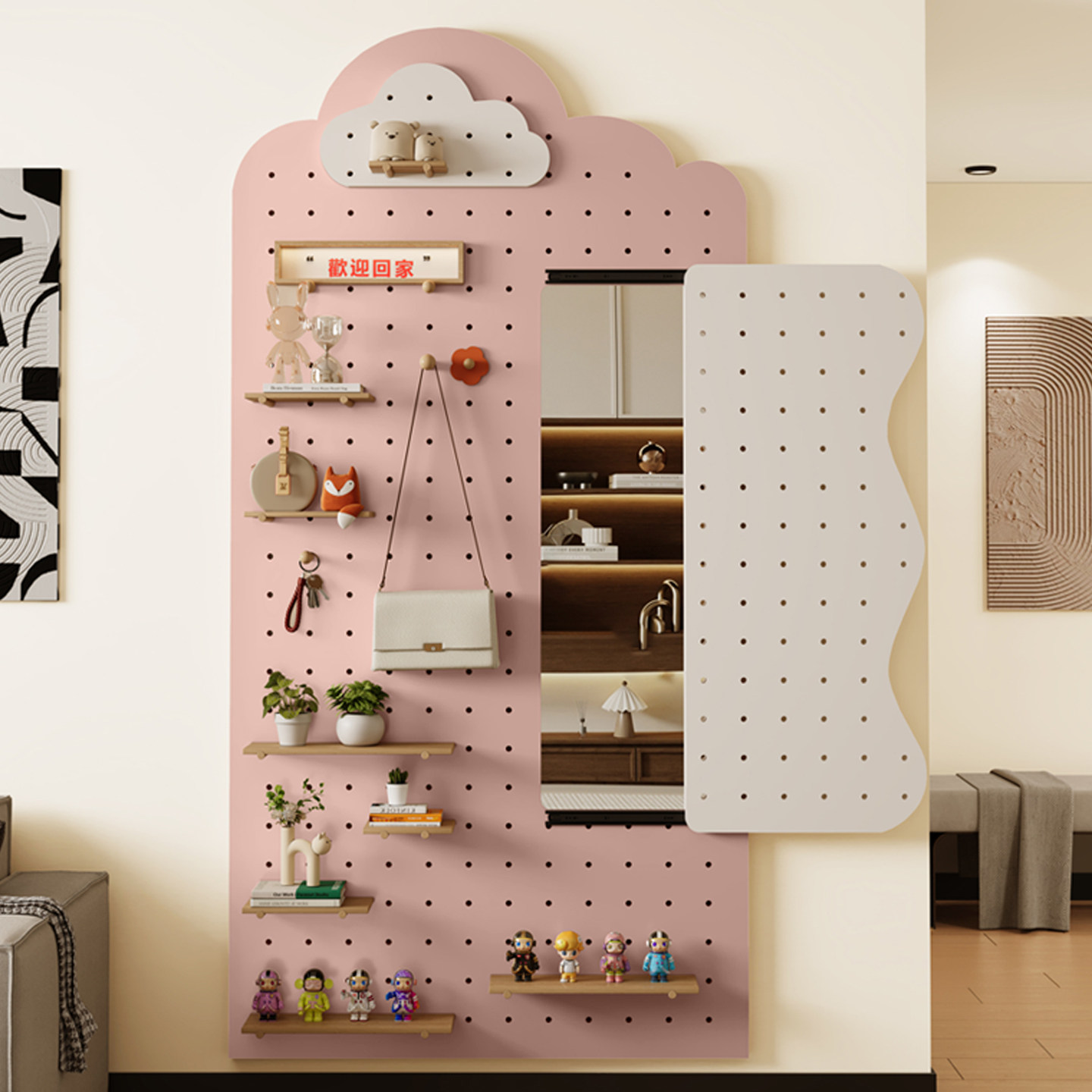 听月阁 入户玄关洞洞板穿衣镜定制一体置物架带推拉镜墙上收纳