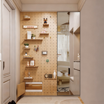 入户玄关实木洞洞板穿衣镜挂衣架