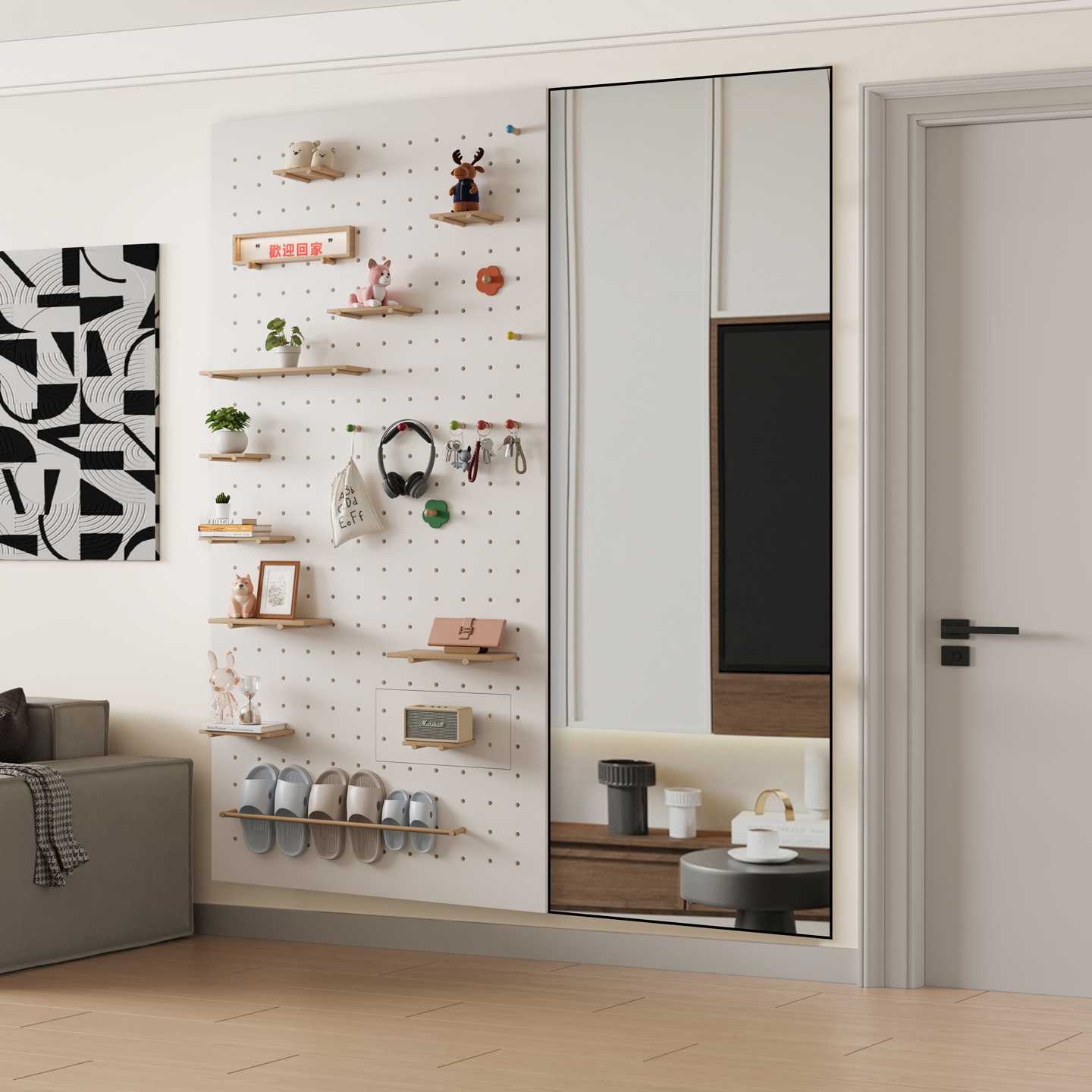 入户玄关洞洞板镜子一体置物架定制满墙实木收纳造型墙洞洞板展示