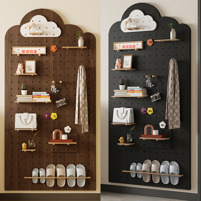入户玄关实木洞洞板置物架定制造型墙穿衣镜墙面展示架挂衣架一体