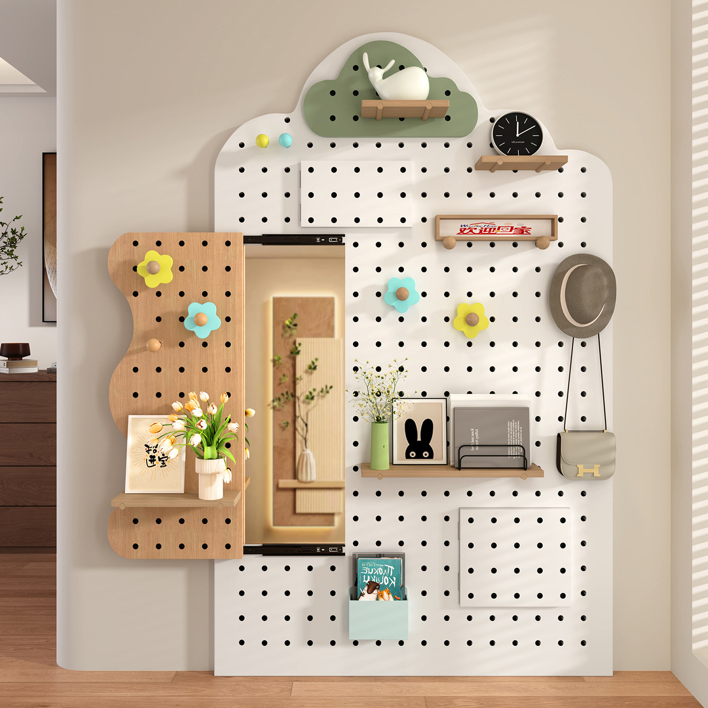 实木洞洞板穿衣镜一体置物架定制入户造型墙推拉镜玄关墙上收纳架