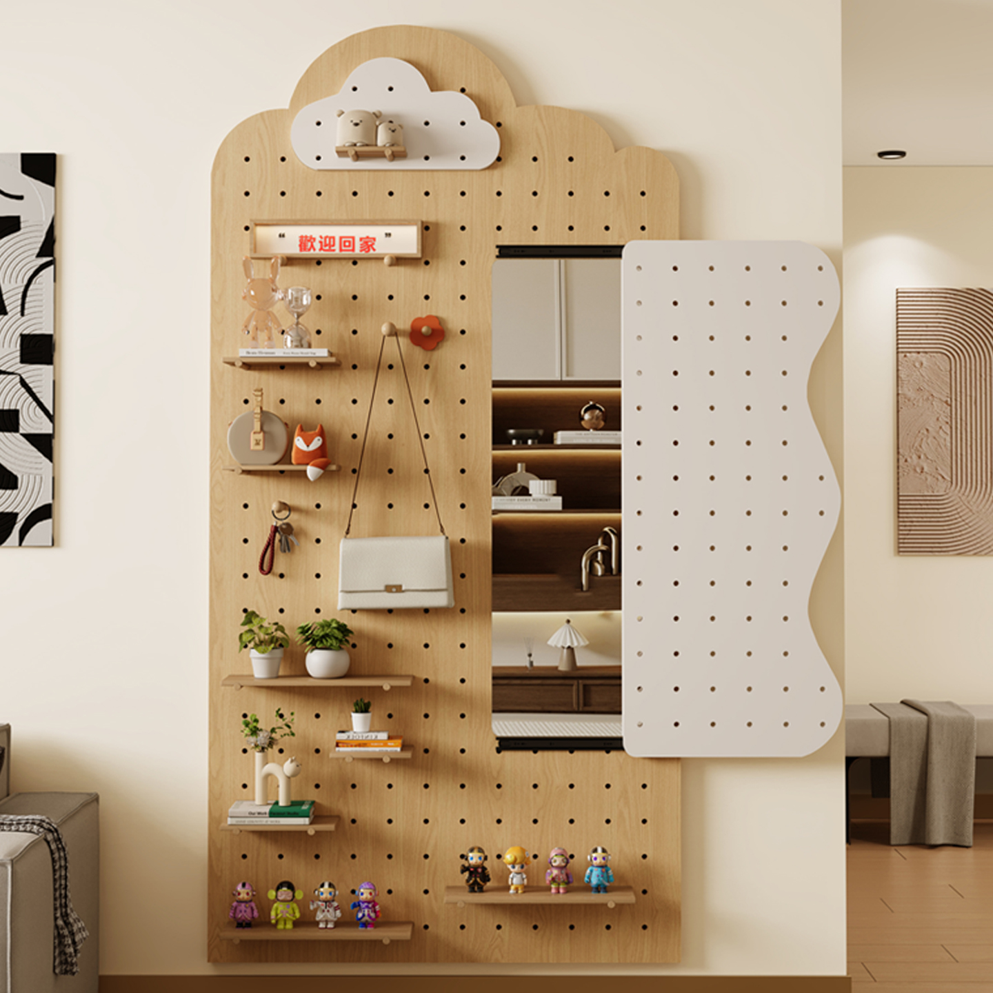 入户玄关洞洞板穿衣镜一体置物架定制电表箱遮丑带推拉镜墙上收纳