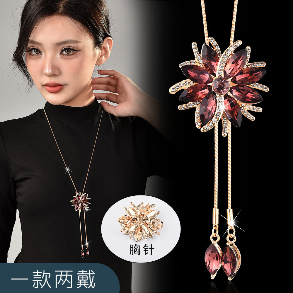 红色水晶花朵毛衣链两戴项链胸花